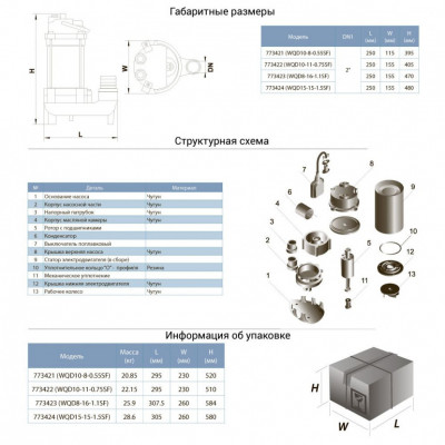Насос канализационный AQUATICA 0.55кВт 242л/мин (нерж)
