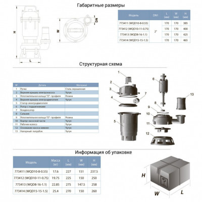 Насос канализационный AQUATICA 1.1кВт 350л/мин